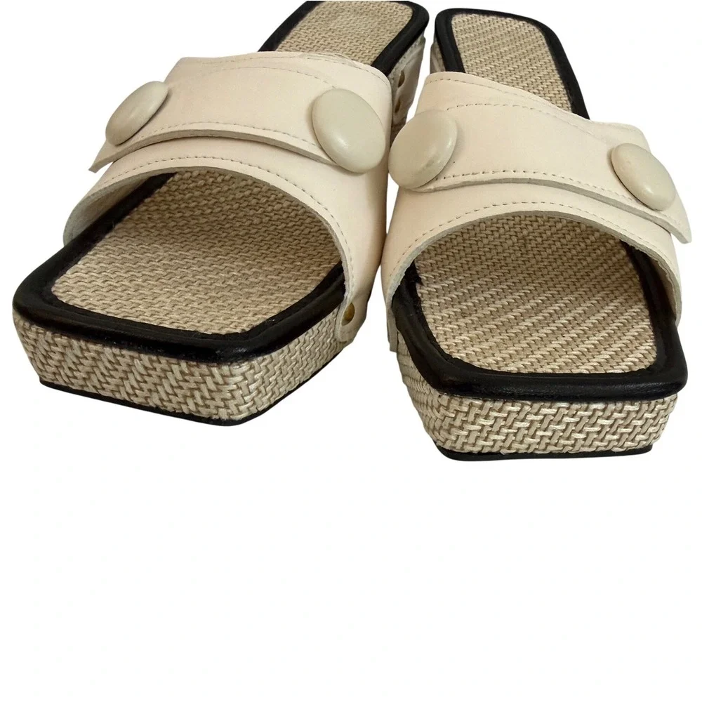 Cream Button Raffia Platform Slide‎ Sandals Square Toe Wedge Heels Size 42 US 9